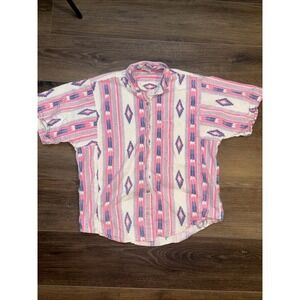 90s Sudden Impact Button Up Shirt Women's Medium Pink‎ Aztec Print Festival Top
